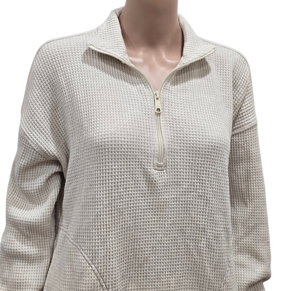 Aerie Waffle Quarter Zip Sweatshirt In Off White - Picture 5 of 8